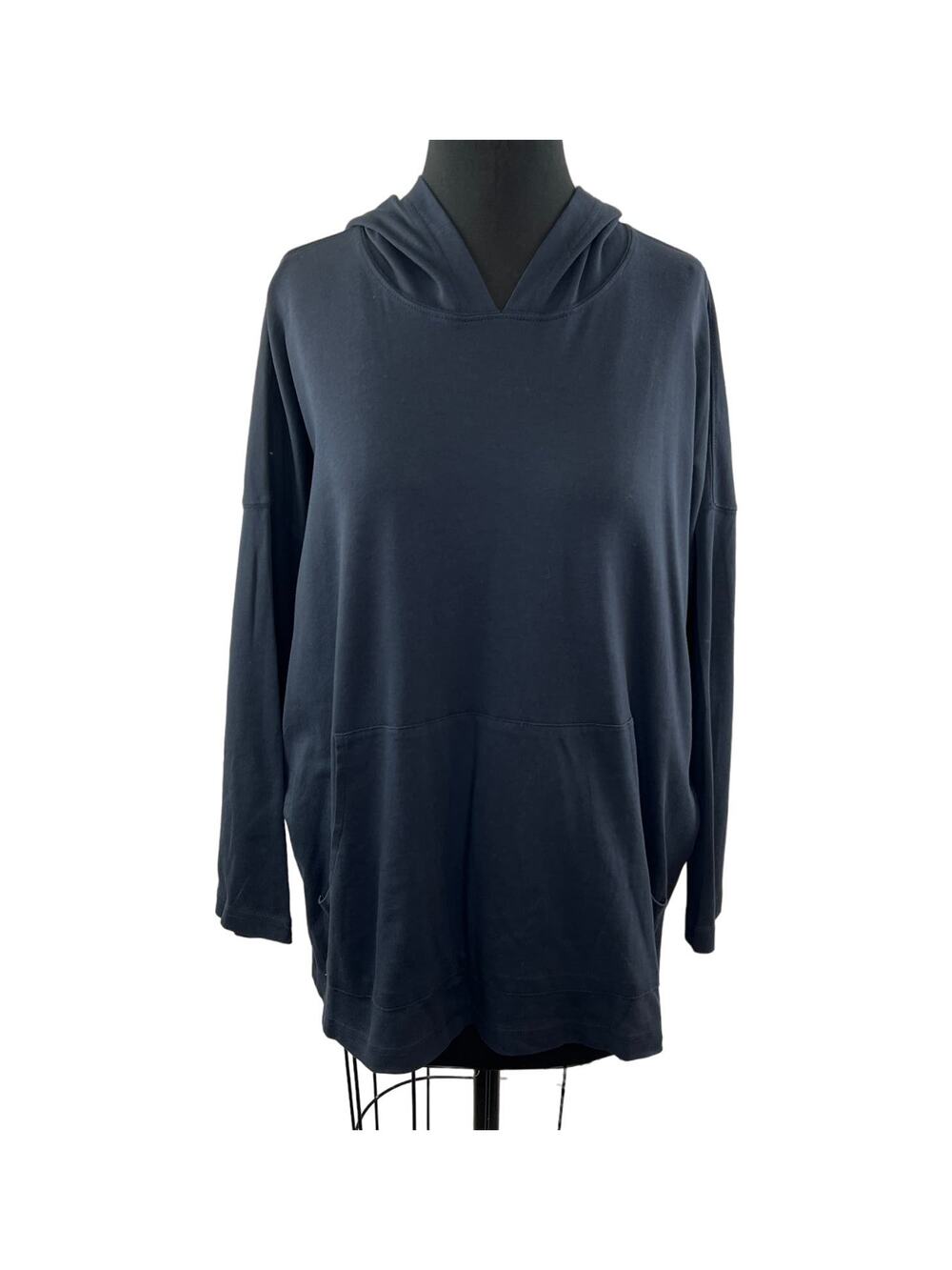 Eskandar Blue Hoodie Pima Cotton Pockets Draped Sleeve Hooded Top Classic Size 0